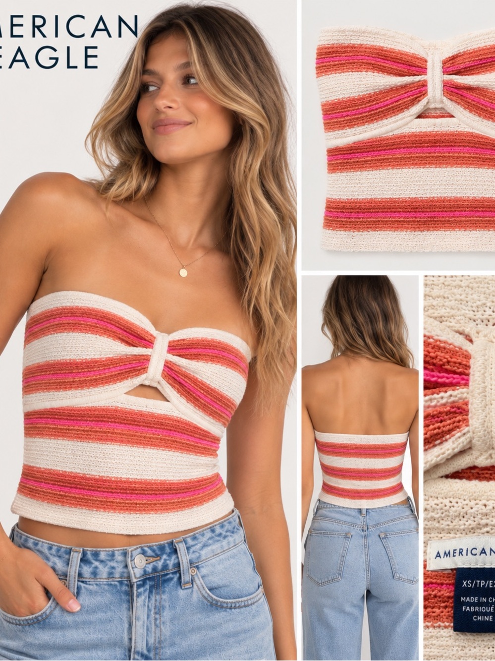 American Eagle Outfitters Cream & Pink Striped Strapless Knit Tube Top
